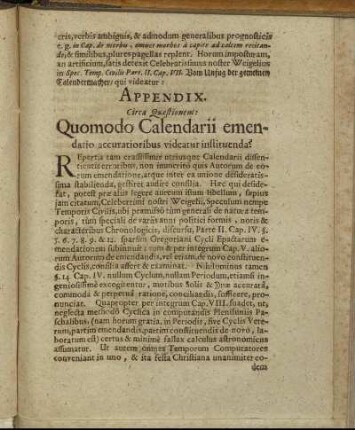 Appendix. Circa Quæstionem: Quomodo Calendarii emendario accuratioribus videatur instituenda?