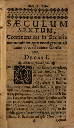 Jubilaeum Saeculare Ecclesiae Catholicae Per Septendecim Saecula Militantis & Triumphantis Contra Idololatriam, tyrannos, haereses, schismata, errores, & scandala : Ex Annalibus Ecclesiasticis collectum Pro Xenio Oblatum Academicae Sodalitati Dominorum B. Mariae Virginis Annunciatae Herbipoli ..., Pars Secunda. [Quinque Saecula Historiae Ecclesiasticae Ab Anno 500. ad 1000. complectens]
