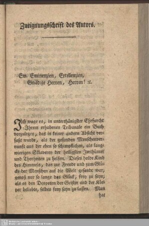 Zueignungsschrift des Autors
