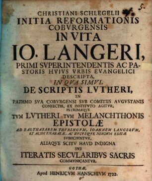 Initia reformationis Coburgensis in vita Io. Langeri descripta