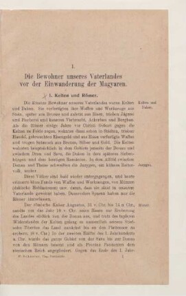 I. Die Bewohner unseres Vaterlandes vor der Einwanderung der Magyaren