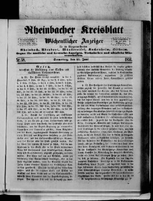 Rheinbacher Kreisblatt und wöchentlicher Anzeiger für die Bürgermeistereien Rheinbach, Adendorf, Kuchenheim, Münstereifel, Ollheim
