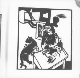 Frau mit Fisch und Pelztier : Vorkursarbeiten. Frau mit Fisch und Pelztier. Linolschnitt (1974)