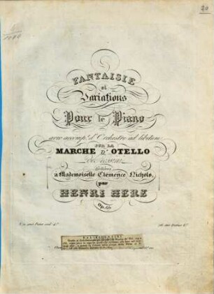 Fantaisie et variations : pour le piano avec accompagnement d'orchestre ad lib. ; sur la marche d'Otello de Rossini ; op. 67