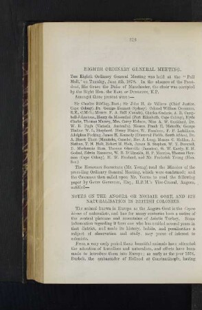 Ordinary General Meeting: (1) The Angora Goat, and its Naturalisation in British Colonies. By Gavin Gatheral, Esq., H.B.M.´s Vice-Consul, Angora.