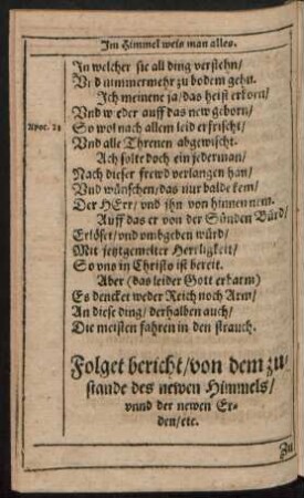 Folget bericht/ von dem zustande des newen Himmels/ unnd der newen Erden/ etc.