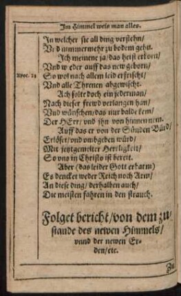 Folget bericht/ von dem zustande des newen Himmels/ unnd der newen Erden/ etc.