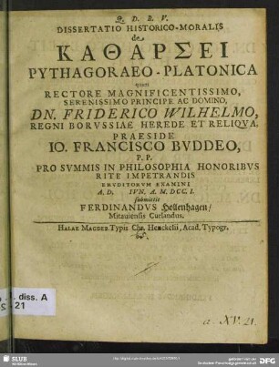Dissertatio Historico-Moralis De Katharsei Pythagoraeo-Platonica