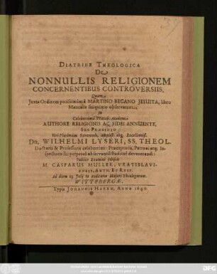 Diatribe Theologica De Nonnullis Religionem Concernentibus Controversiis