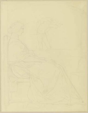 Eine Dame am Fenster sitzend, im Hintergrund ein Amorknabe (?) mit Pfeil und Bogen