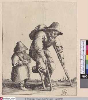[Ein Bettler mit Holzbein, neben ihm ein Kind; A male beggar with a wooden leg and walking on crutches, seen in profile walking towards right, a child walking next to him at left, travellers seen in the distance]