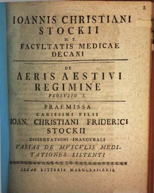 Ioannis Christiani Stockii H. T. Facvltatis Medicae Decani De Aeris Aestivi Regimine Prolvsio ..., Prolvsio I.. Praemissa Carissimi Filii Ioan. Christiani Friderici Stockii Dissertationi Inavgvrali Varias De Mvscvlis Meditationes Sistenti