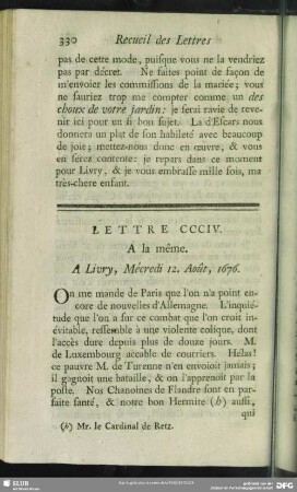Lettre CCCIV. A la même. A Livry, Mécredi 12. Août, 1676