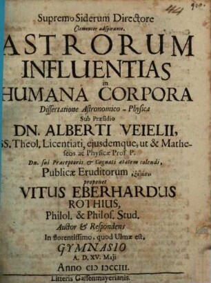 Astrorum Influentias in Humana Corpora