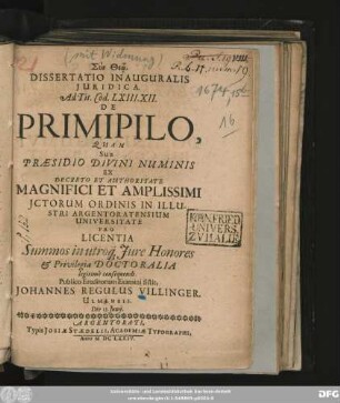 Dissertatio Inauguralis Iuridica. Ad Tit. Cod. LXIII. XII. De Primipilo