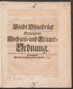 Stadt Oßnabrück Erneuerte Hochzeit- und Trauer-Ordnung
