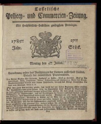 27tes Stueck, Montag den 4ten Julius. 1785