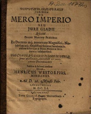 Disputatio inauguralis iuridica de mero imperio seu iure gladii