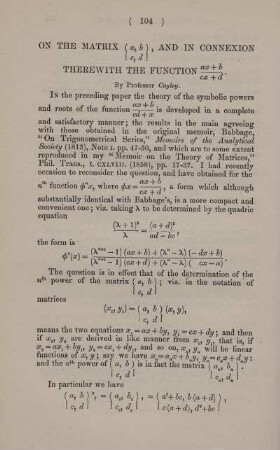 On the matrix (a,b), and connexion ... therewith the function ... .