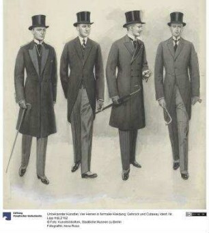 Vier Herren in formaler Kleidung: Gehrock und Cutaway
