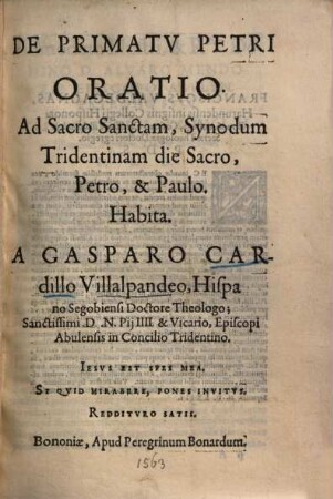 De primatu Petri oratio ad sacro sanctam synodum Tridentinam habita