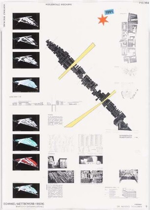 Ein Wohnviertel für die Wissenschaftsstadt, Berlin-Adlershof Schinkelwettbewerb 1996: Vertikale Mischung. Perspektivische und isometrische Ansichten, Schnitt, Grundrisse