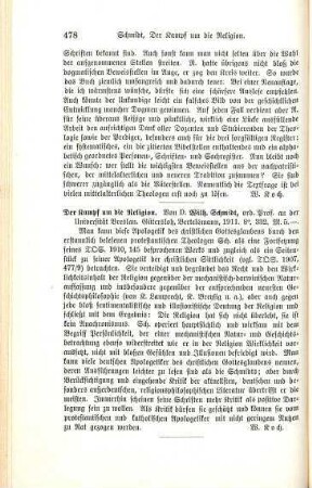 478 [Rezension] Schmidt, Wilhelm, Der Kampf um die Religion