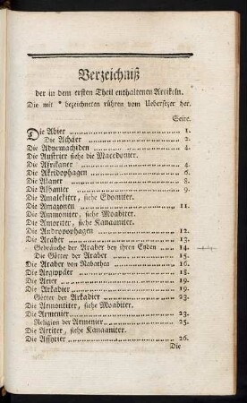 Verzeichniß der in dem ersten Theil enthaltenen Artikeln