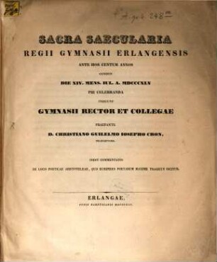 Commentatio de loco poeticae Aristoteleae, quo Euripides poetarum maxime tragicus dicitur : sacra saecularia regii gymnasii Erlangensis . .