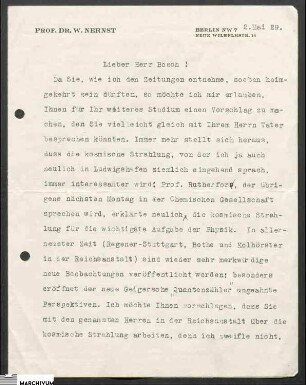 Walter Hermann Nernst an Carl Bosch jun.