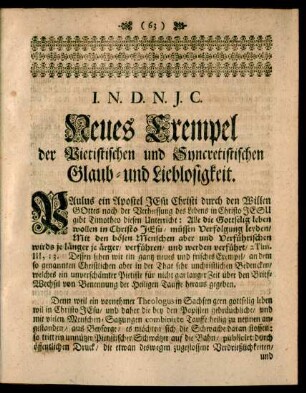 Neues Exempel der Pietistischen und Syncretistischen Glaub- und Lieblosigkeit