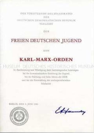 Urkunde zur Verleihung des Karl-Marx-Ordens an die FDJ (Nachdruck)