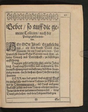 Gebet/ so auff die gemeine Collecten/ nach der Predigt gelesen worden.