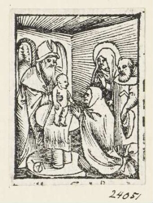 Prophetin Hanna betet das Jesuskind an, Blatt 9 aus: "Postilla Guillermi super Epistolas et Euangelia", Basel 1515
