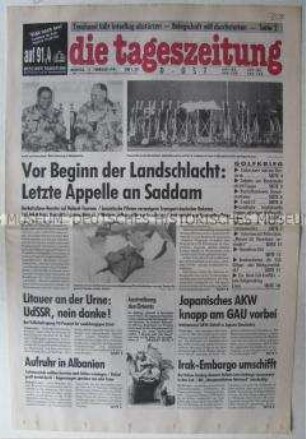 Fragment der Ost-Ausgabe der "tageszeitung" zum Krieg im Irak und zur Volksbefragung nüber die Unabhängigkeit Litauens