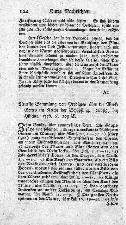 Neueste Sammlung von Predigten über die Werke Gottes im Reiche der Schöpfung.