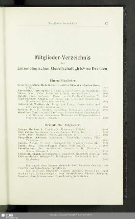 Mitglieder-Verzeichnis der Entomologischen Gesellschaft "Iris" zu Dresden