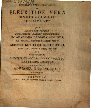 Dissertatio medica inauguralis de pleuritide vera singulari casu illustrata