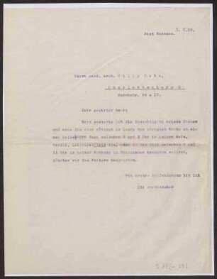 Schreiben an cand. arch. Willy Hahn, Charlottenburg (Brief)