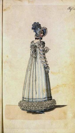 Biedermeier Mode aus: Journal für Literatur, Kunst, Luxus und Mode, Bd. 33, Jg. 1818 — Tafel 11: Dame in blau-weißem Kleid mit passendem Hut