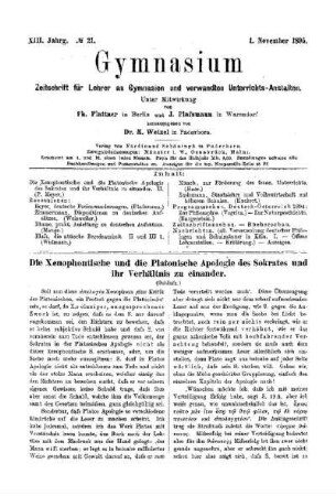 Die Xenophontische und die Platonische Apologie des Sokrates und ihr Verhältnis zu einander : (Schluß)