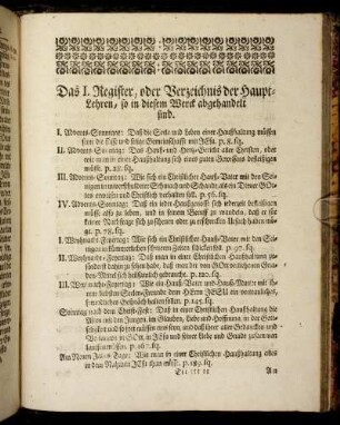 Das I. Register, oder Verzeichnis der Haupt-Lehren, so in diesem Werck abgehandelt sind.