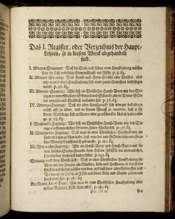 Das I. Register, oder Verzeichnis der Haupt-Lehren, so in diesem Werck abgehandelt sind.