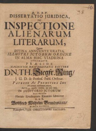 Dissertatio Iuridica, De Inspectione Alienarum Literarum