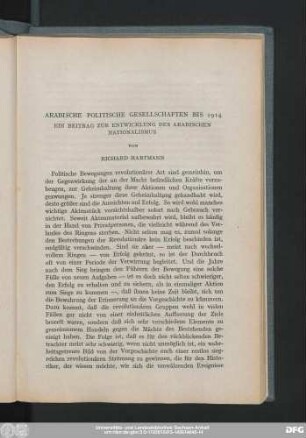 Arabische Politische Gesellschaften Bis 1914 Ein Beitrag Zur Entwicklung Des Arabischen Nationalismus Von Richard Hartmann