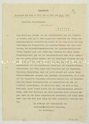 Maschinenschriftliche Abschrift eines Telegramms des Vorsitzenden der Karpatoukrainischen Regierung Dr. Woloschyn an Hitler zum ungarischen Einmarsch in die Karpatoukraine mit Bitte um deutschen Beistand