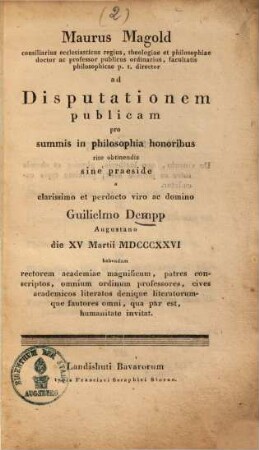 Maurus Magold ... ad Disputationem publicam ... 1826 habendam ... invitat