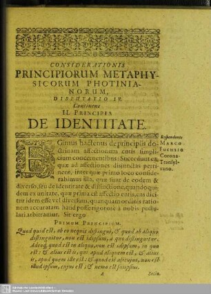 Disputatio IV. Continens II. Principia De Identitate; Respondente Marco Fuchsio Corona-Transylvano