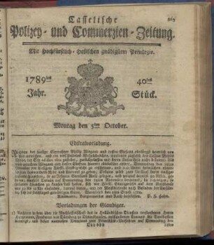 40tes Stueck, Montag den 5ten October. 1789