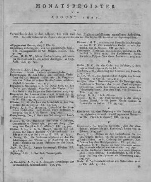 Monatsregister vom August 1821